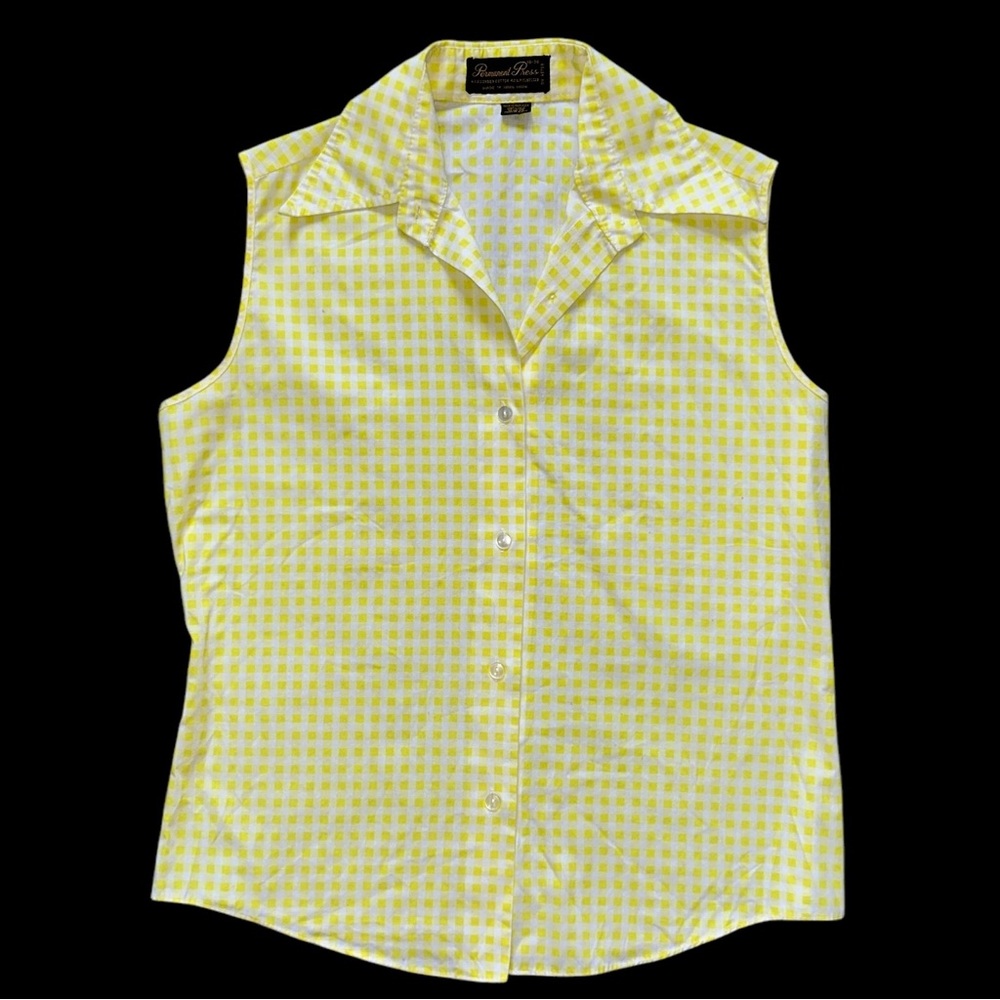 Vintage 1970s Yellow &White Gingham Check Sleeveless Wide Collar Top Hong Kong M